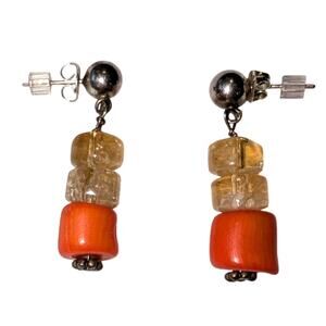 Vintage Silver Tone Coral Glass Dangle Drop Earrings 1.5 inches long